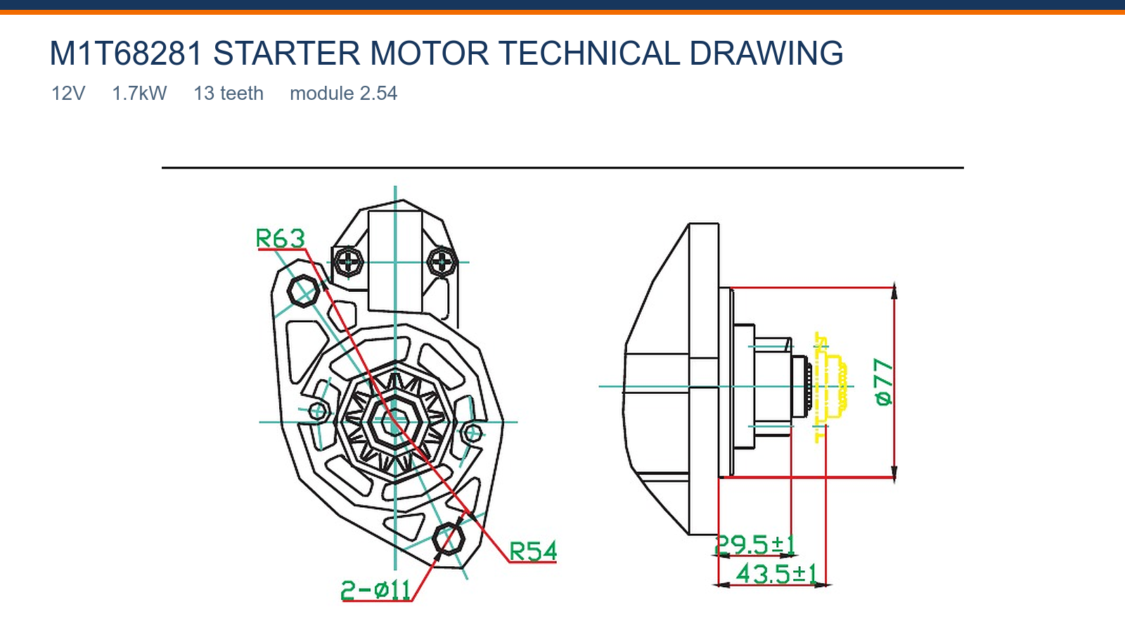 M1T68281 Mitsubishi starter motor technical drawing 12V 1.7kW 13T