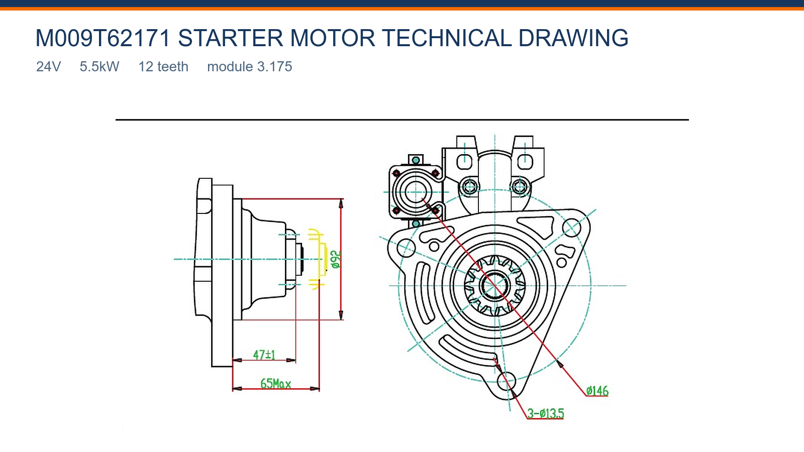 M009T62171 Volvo starter motor technical drawing 24V 5.5kW 12T