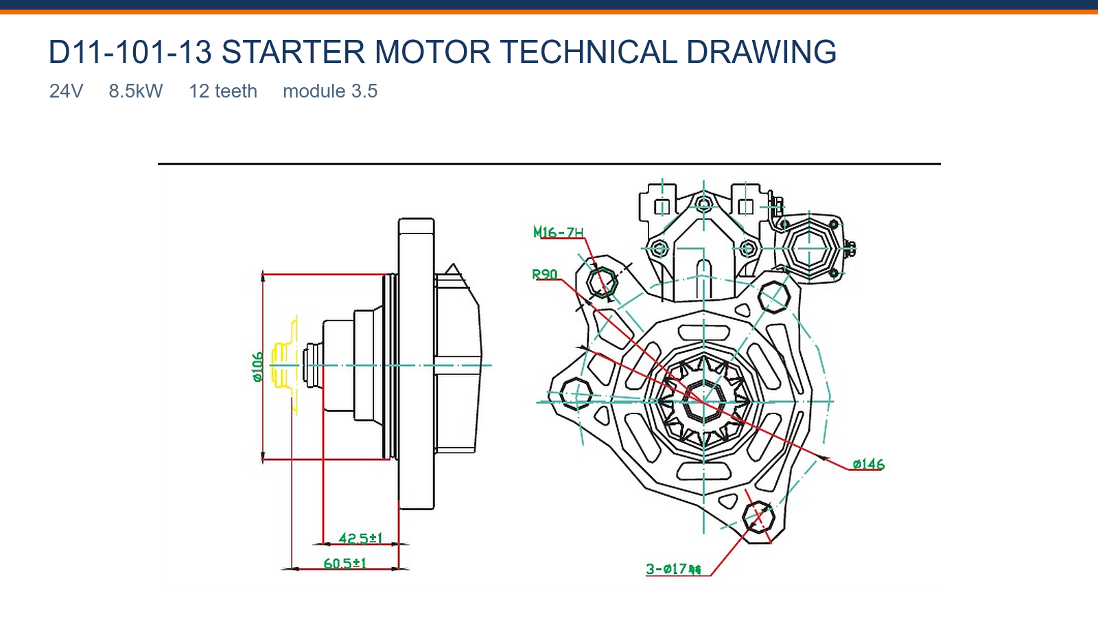 D11-101-13 Shangchai starter motor technical drawing 24V 8.5kW 12T