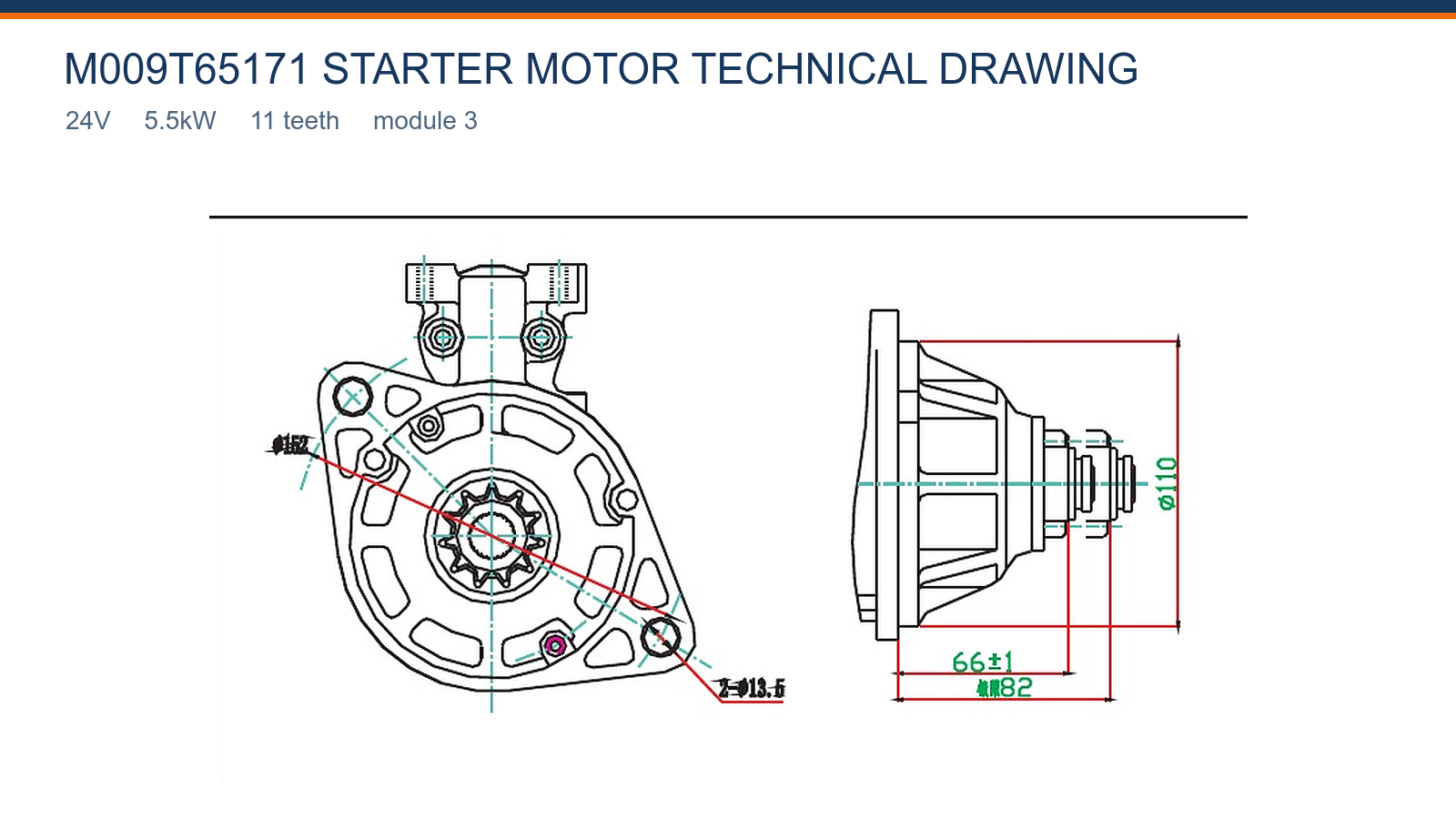 M009T65171 Mitsubishi starter motor technical drawing 24V 5.5kW 11T