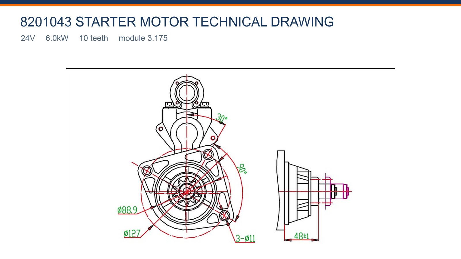 8201043 Cummins startmotor teknisk ritning 24V 6,0kW 10T