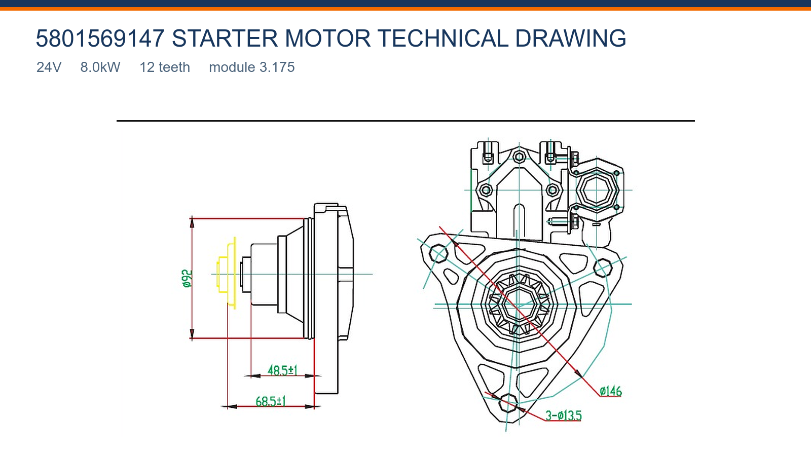 5801569147 Disegno tecnico motorino di avviamento Shangqi 24V 8.0kW 12T