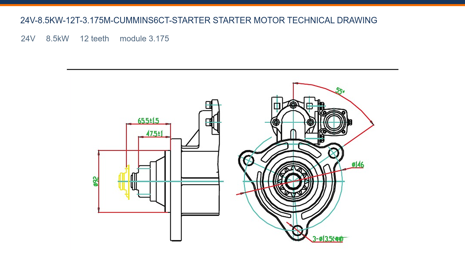 CUMMINS 6CT 24V 8.5kW 12T Cummins starter motor technical drawing 24V 8.5kW 12T
