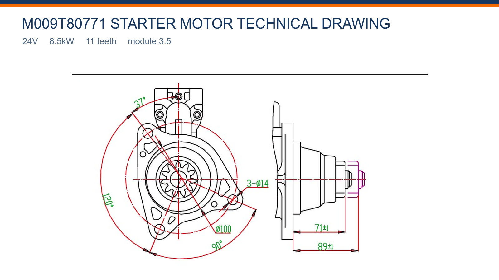 M009T80771 Mitsubishi starter motor technical drawing 24V 8.5kW 11T