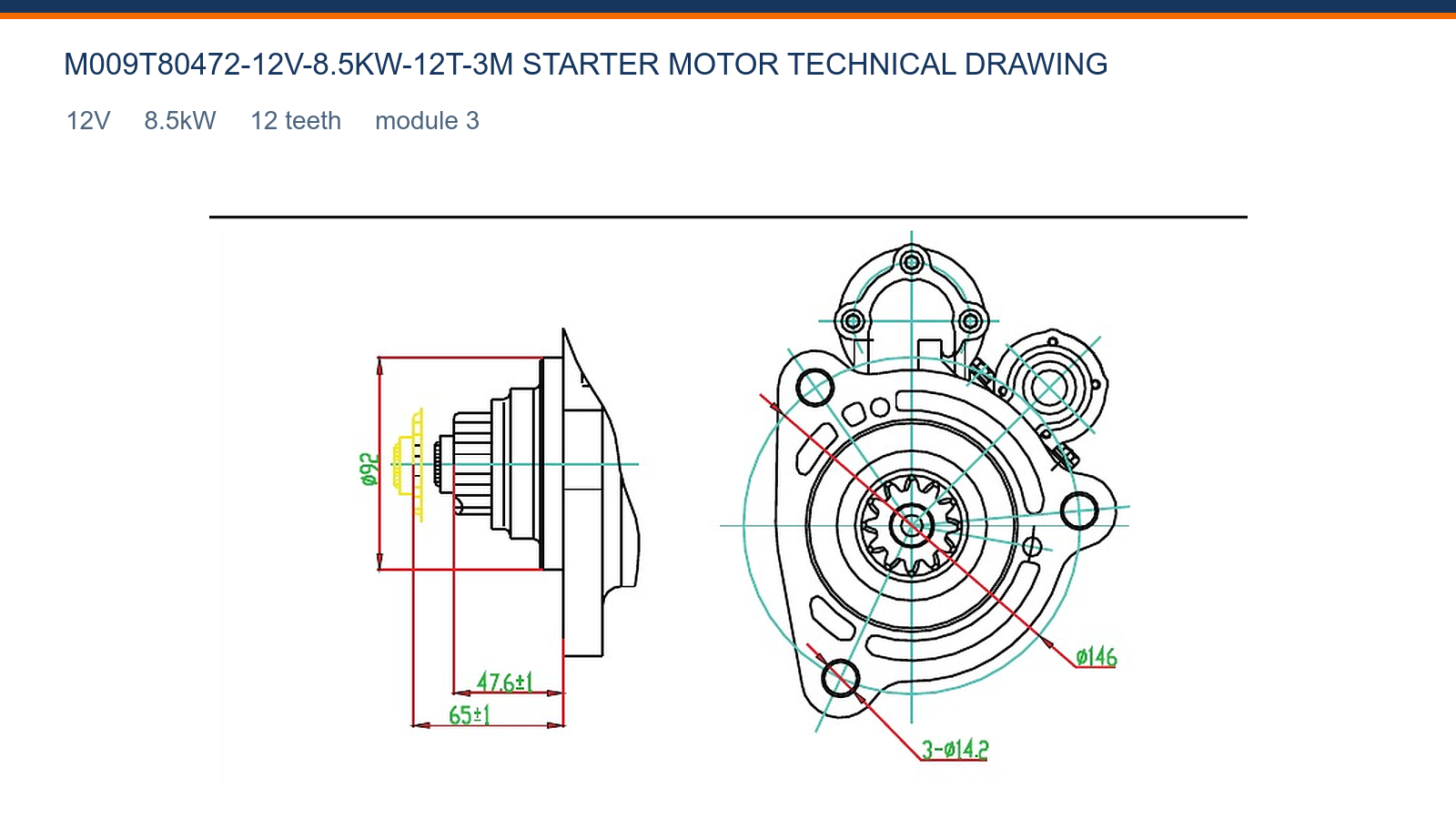 M009T80472-12V-8.5KW-12T-3M Mercedes-Benz starter motor technical drawing 12V 8.5kW 12T