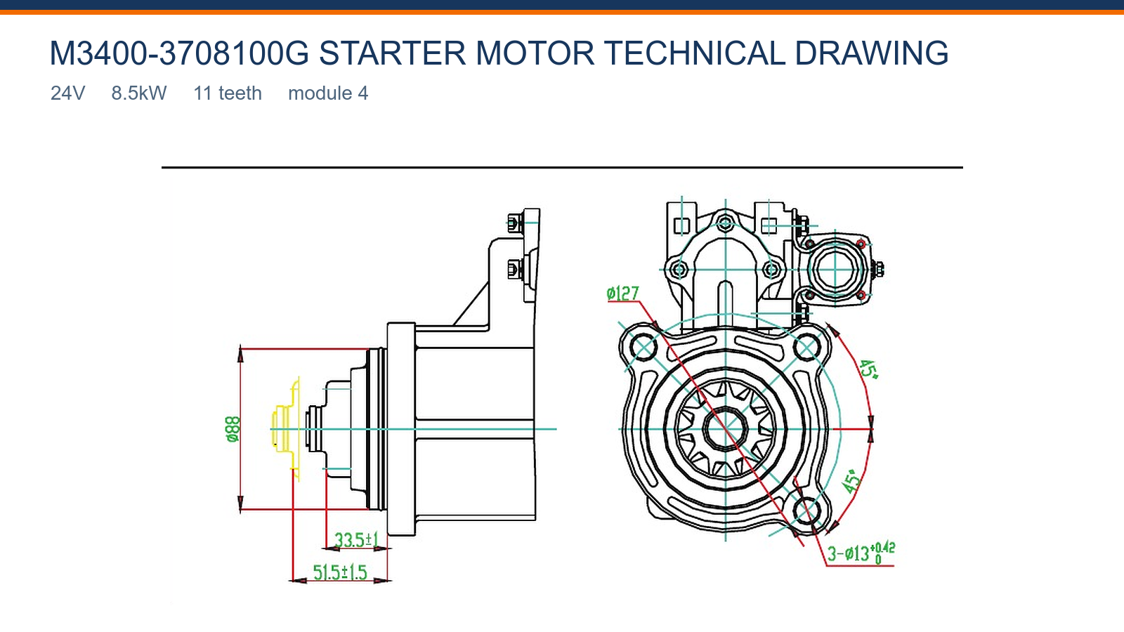 M3400-3708100G Yuchai starter motor technical drawing 24V 8.5kW 11T