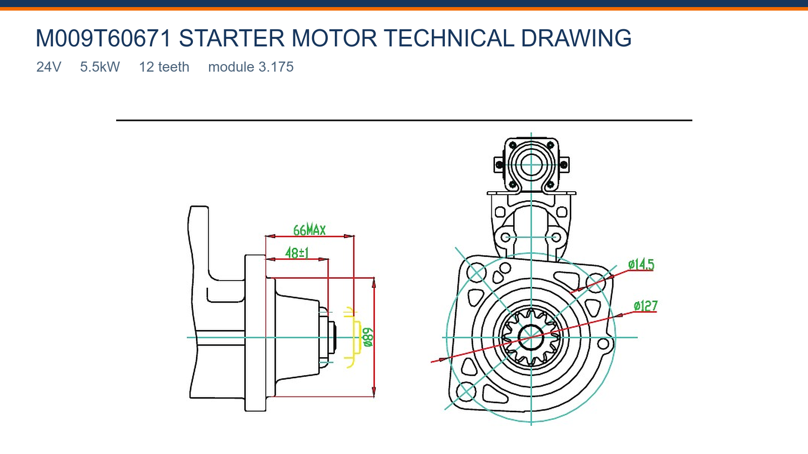 M009T60671 Renault startmotor teknisk ritning 24V 5,5kW 12T