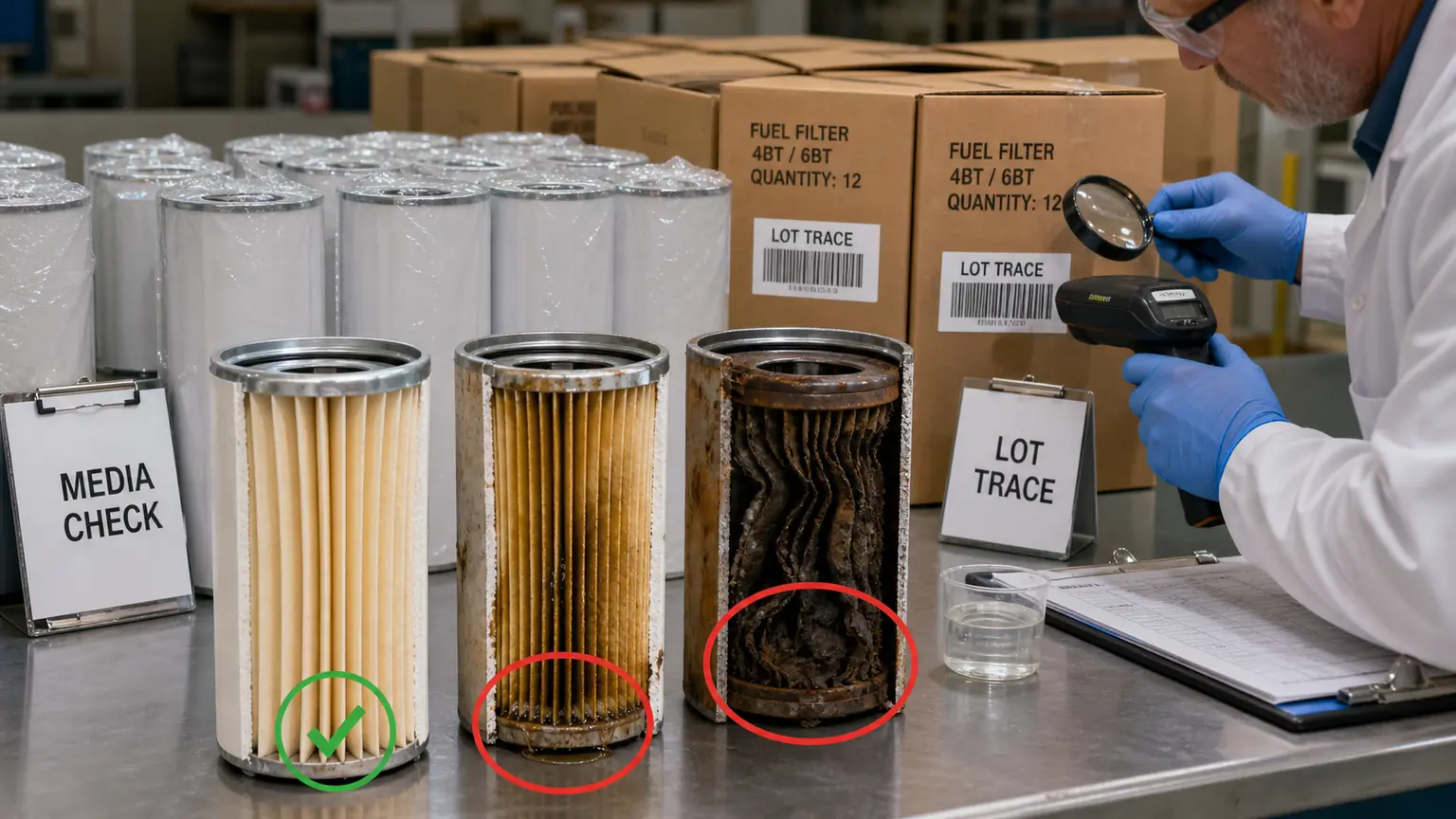 Cut-open fuel-filter media comparison with lot traceability and contamination inspection