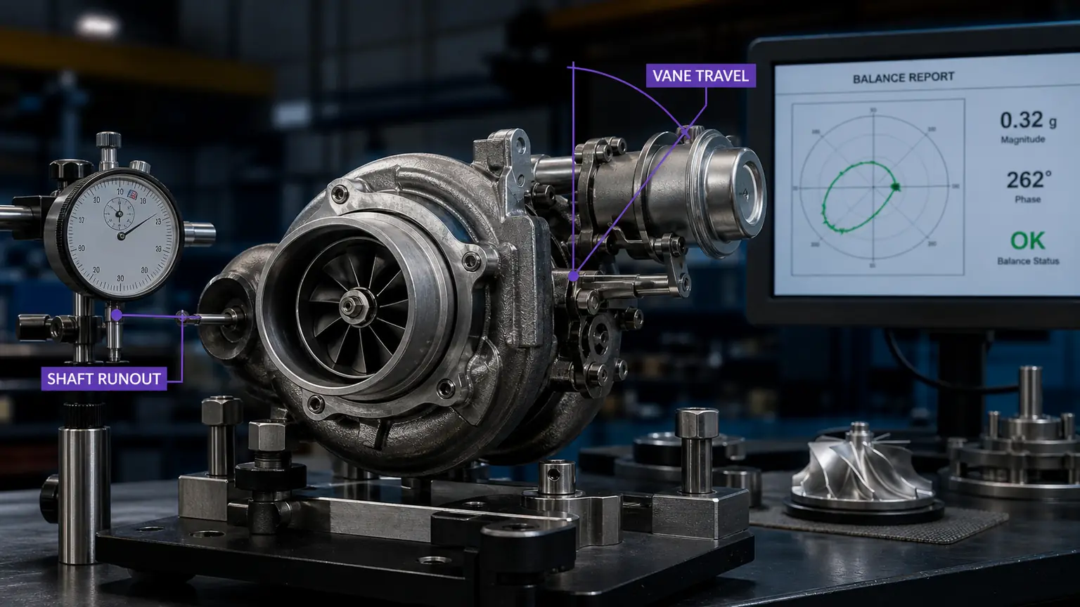 VGT turbocharger vane travel, shaft runout, balance, and actuator bench inspection