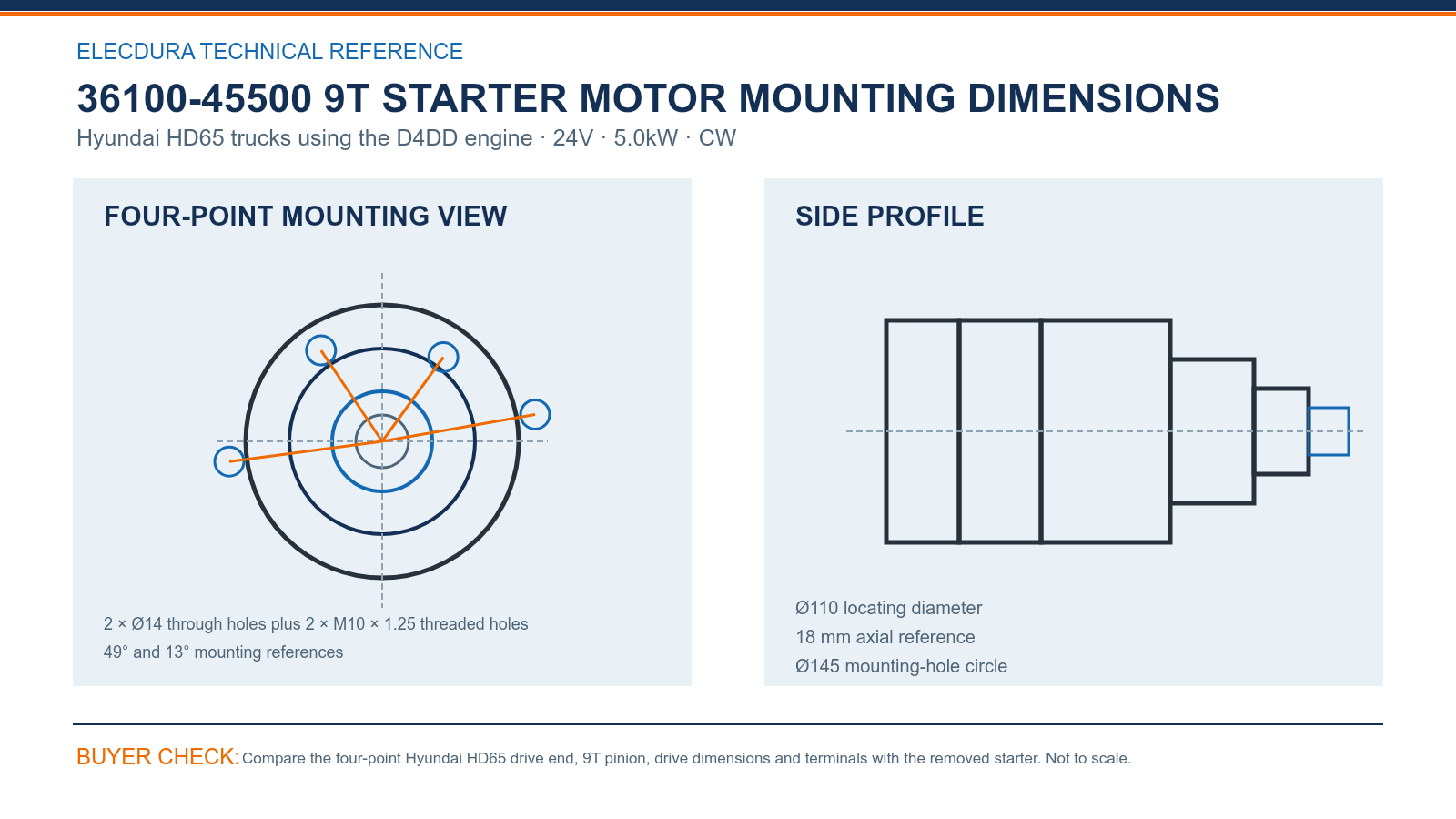 36100-45500 Hyundai HD65 D4DD 24V 5.0kW 9T starter mounting dimensions