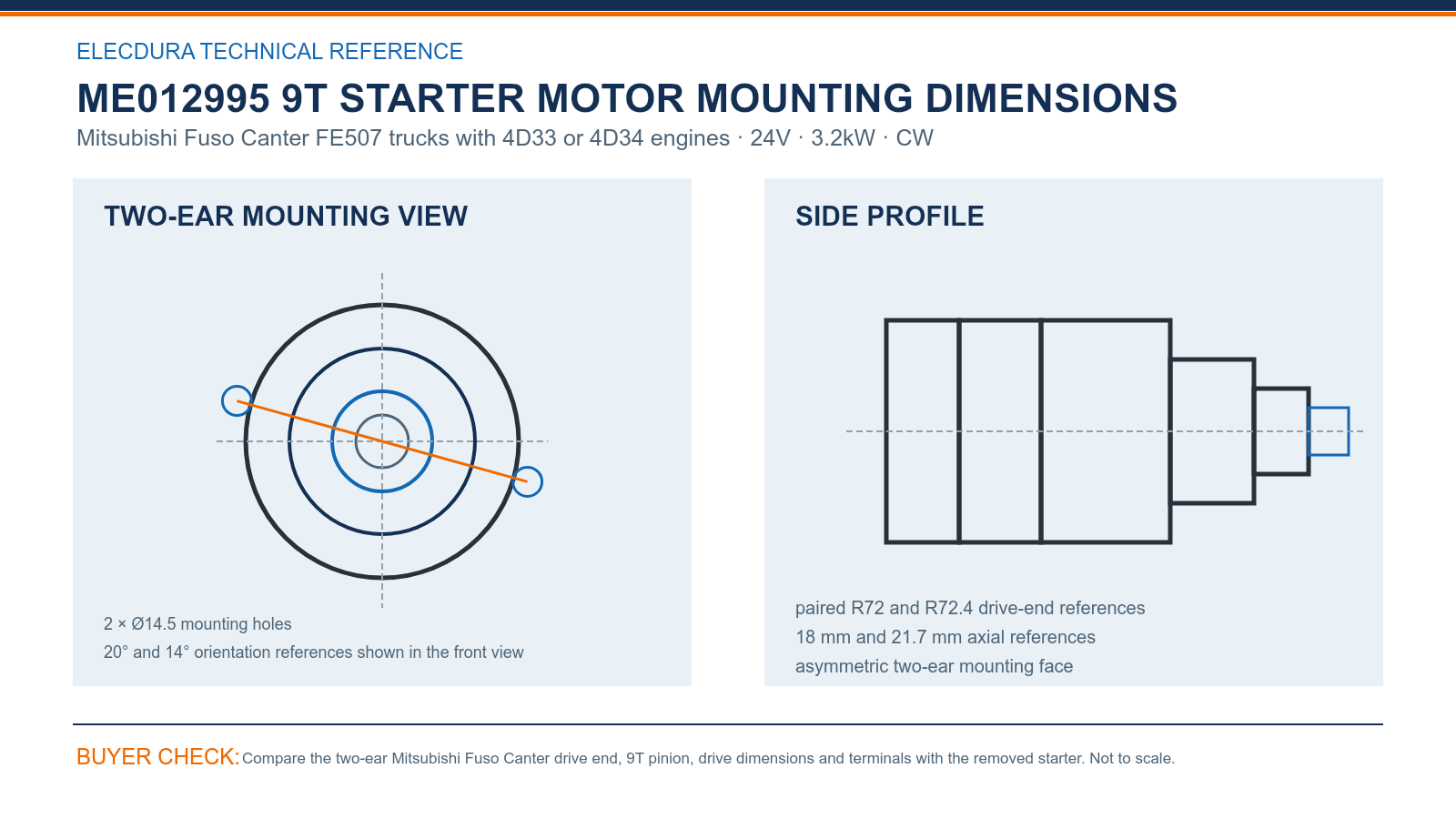 ME012995 Mitsubishi Fuso 4D33 24V 3.2kW 9T starter mounting dimensions