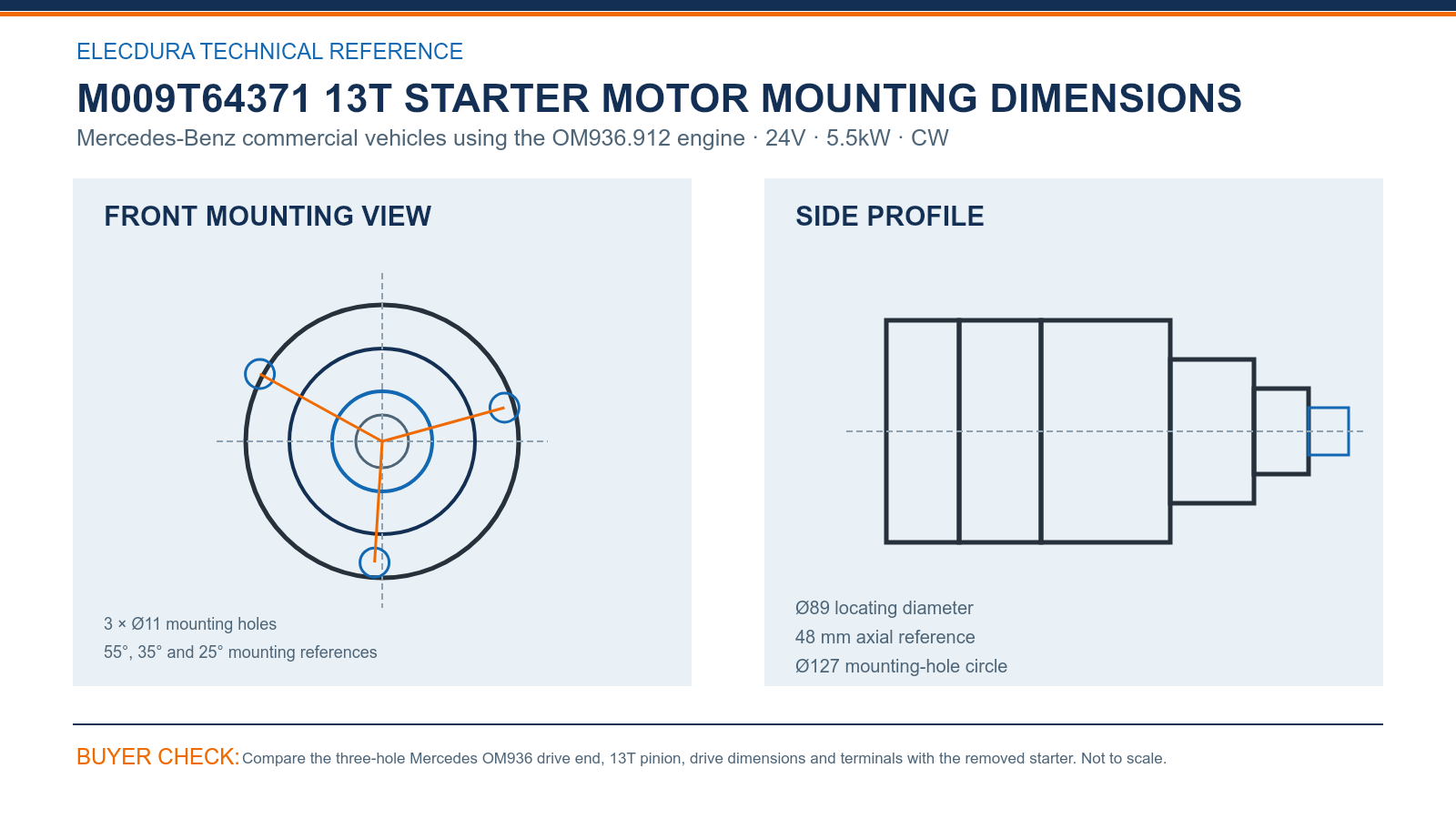 M009T64371 Mercedes OM936 24V 5.5kW 13T starter mounting dimensions