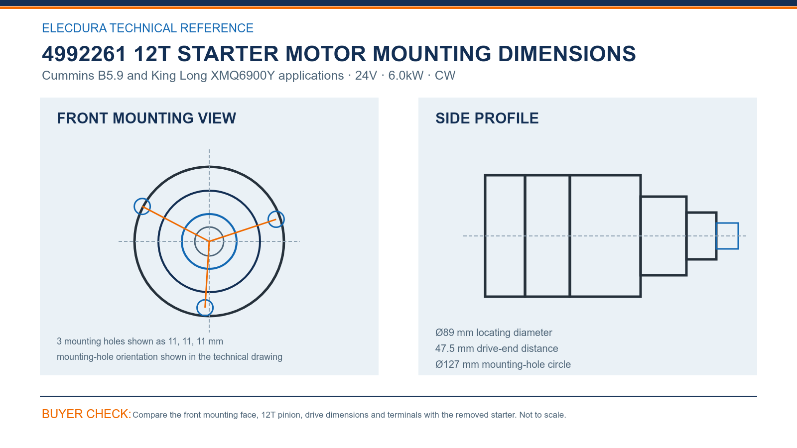 4992261 Cummins B5.9 and King Long XMQ6900Y 24V 6.0kW 12T starter mounting dimensions