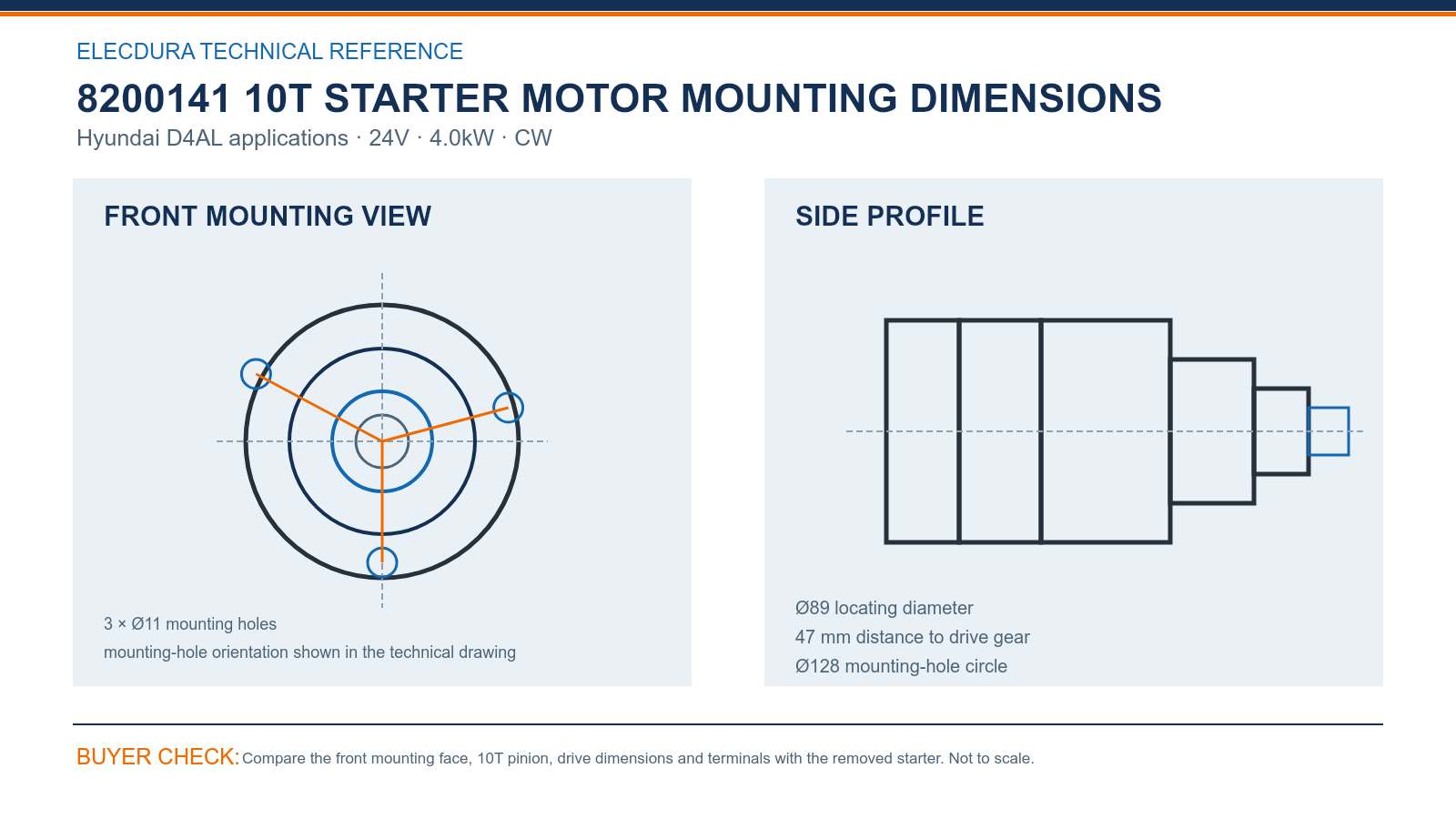 8200141 Hyundai D4AL 24V 4.0kW 10T starter mounting dimensions