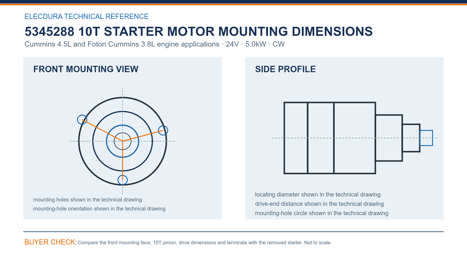 5345288 Cummins 4.5L and Foton Cummins 3.8L engine 24V 5.0kW 10T starter mounting dimensions