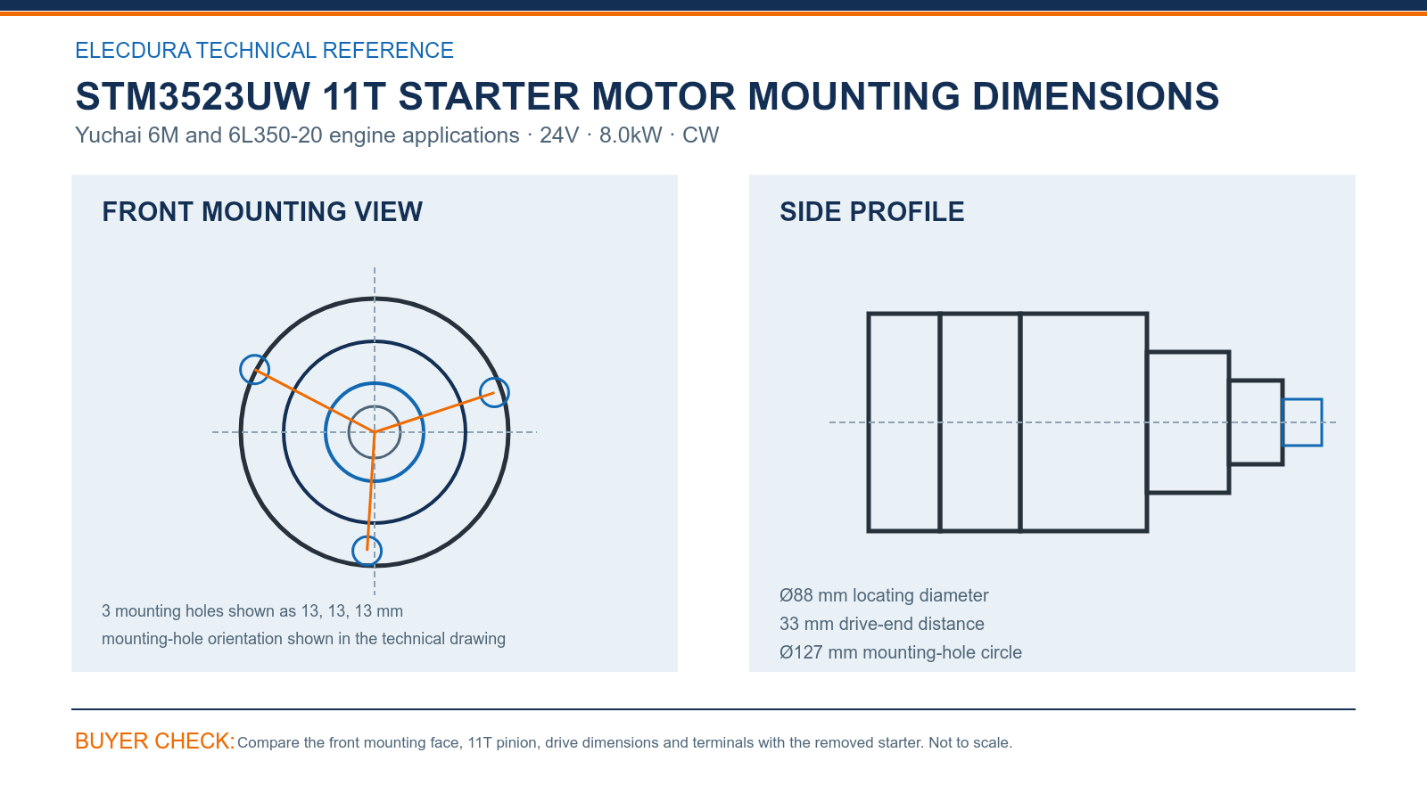 STM3523UW Yuchai 6M and 6L350-20 engine 24V 8.0kW 11T starter mounting dimensions