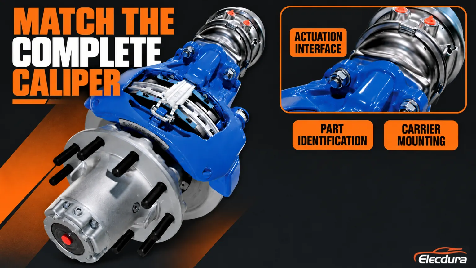 Air-disc-brake assembly reference with an actuation-interface detail and part-identification and carrier-mounting topics.