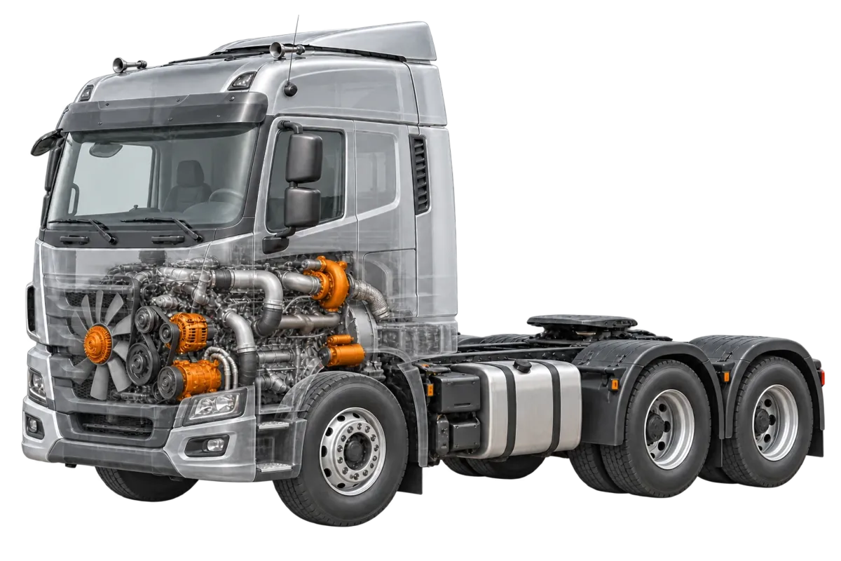 Generic truck cutaway with a generic engine cutaway showing several replacement part categories