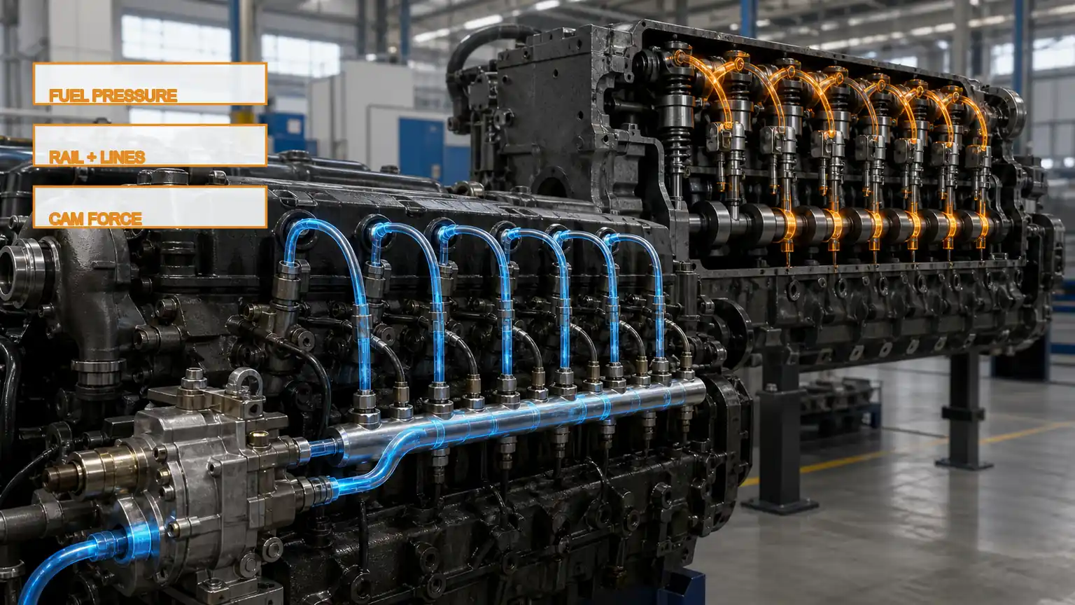 Common-rail pressure path and unit-injector cam-and-rocker actuation shown on two heavy-duty engine demonstrators.