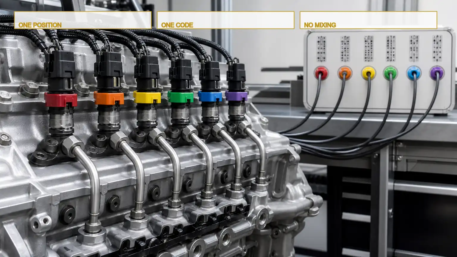 Color-controlled mapping between six heavy-duty injector connectors and six cylinder positions on a verification board.
