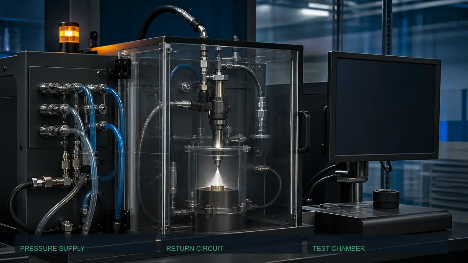 Remanufactured heavy-duty diesel injector on an enclosed end-of-line calibration and return-flow test bench.