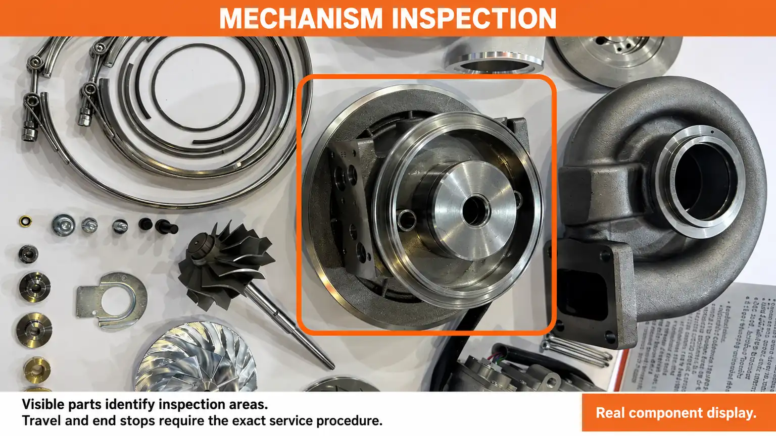 Real turbocharger component display with the mechanism inspection area outlined in orange
