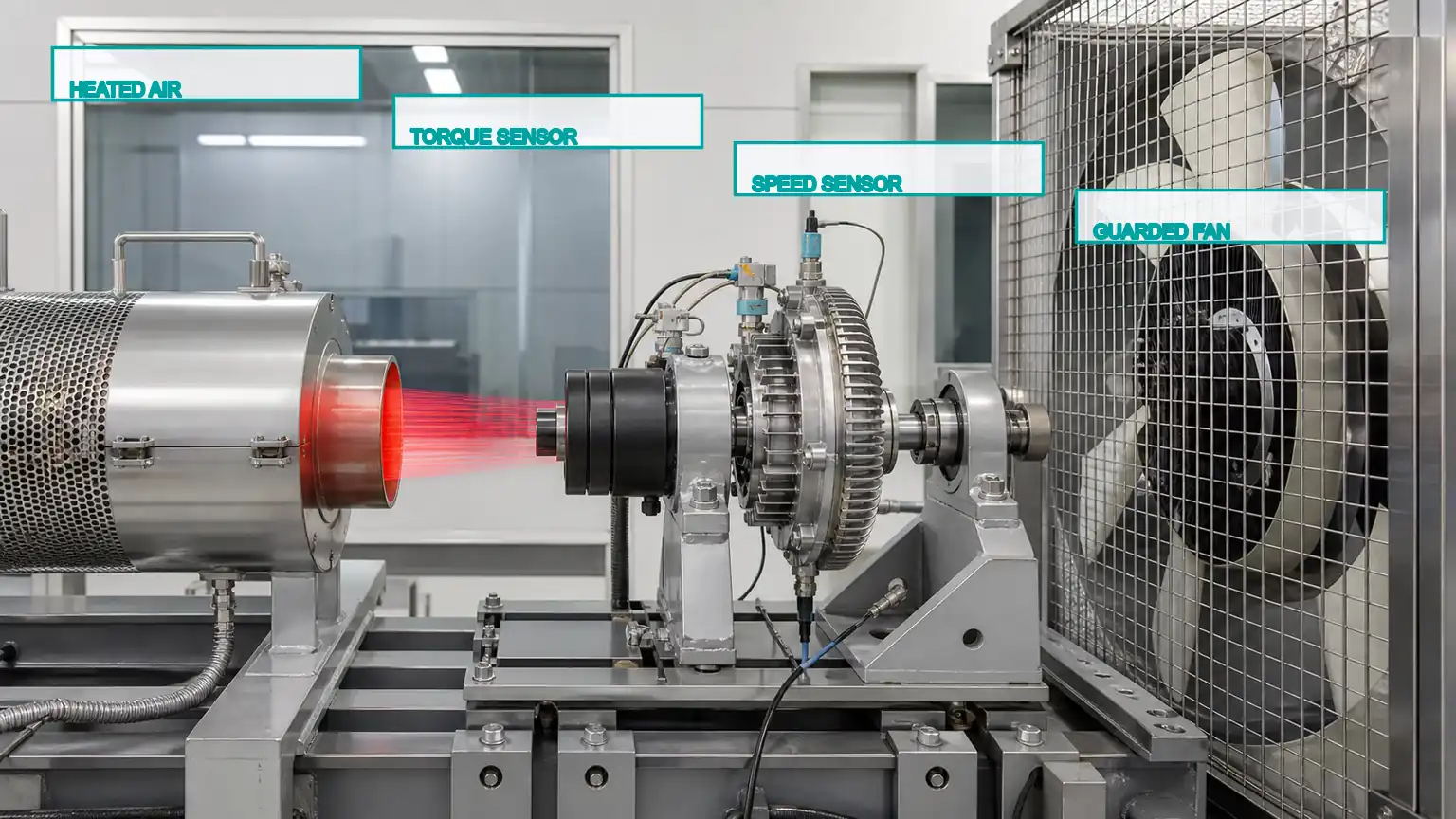 Heavy-duty fan clutch undergoing a guarded heated-air engagement, torque, and speed test in Japan.