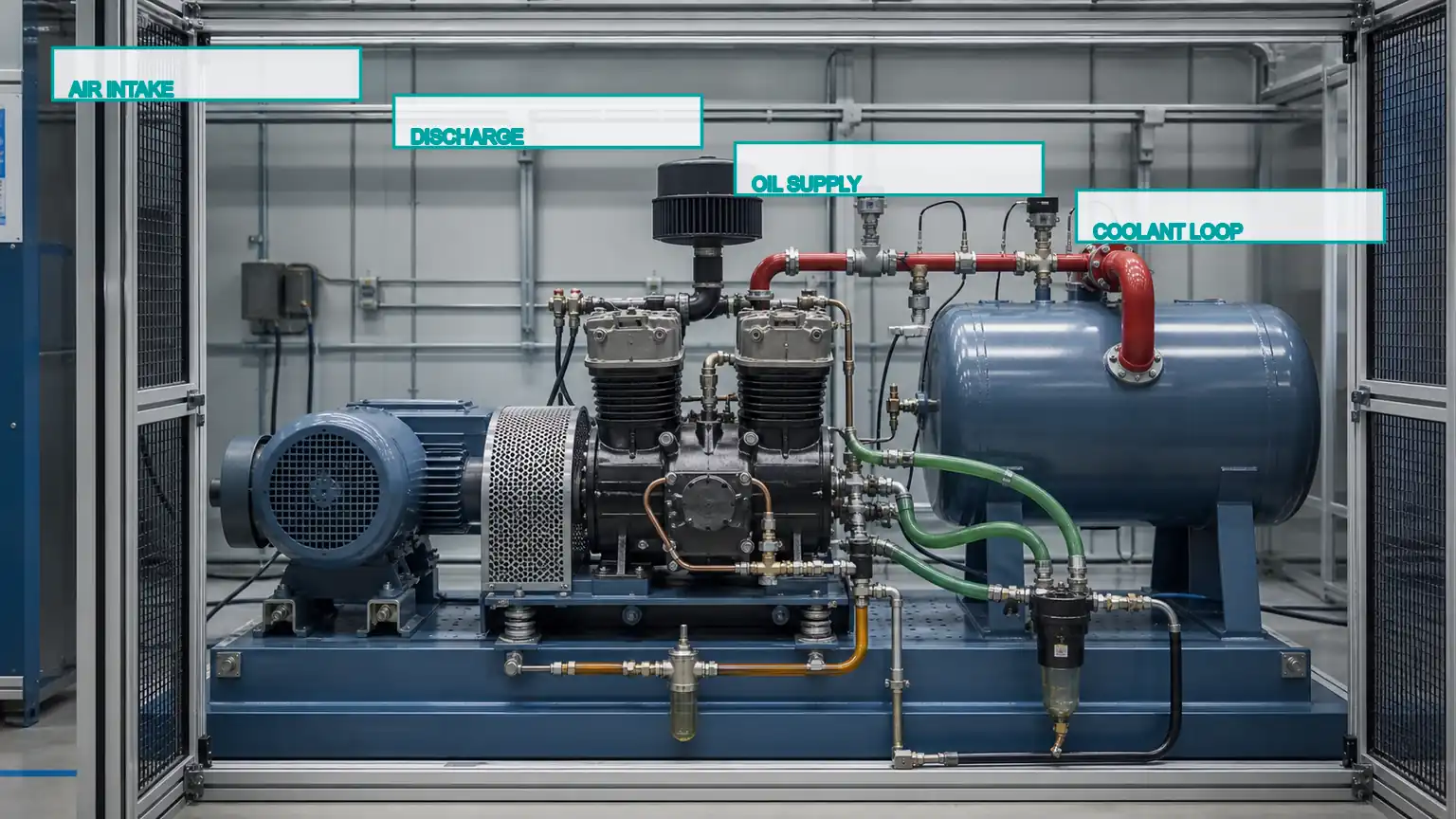Twin-cylinder heavy-duty air brake compressor on a guarded pneumatic endurance test rig with reservoir and cooling circuit.