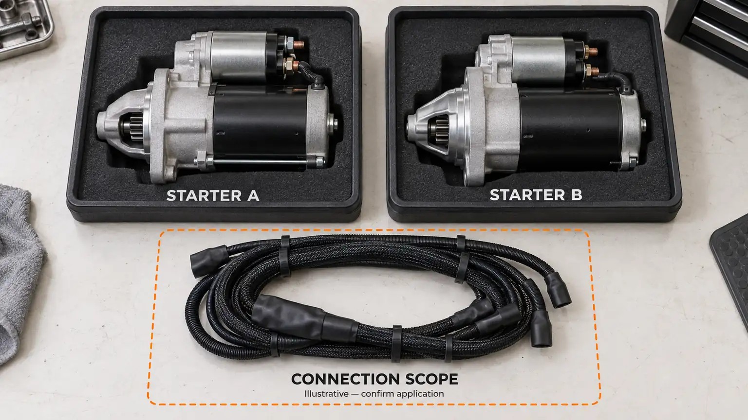 Two generic starter motors beside a separate unconnected harness, illustrating the items to clarify in a replacement quotation.