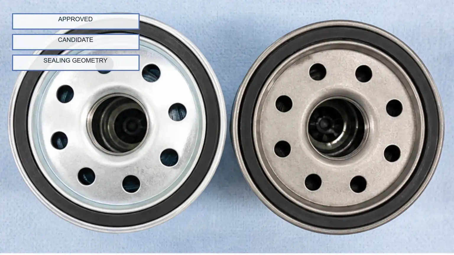 Approved and candidate diesel fuel-filter baseplates compared from above for gasket and center-interface differences.
