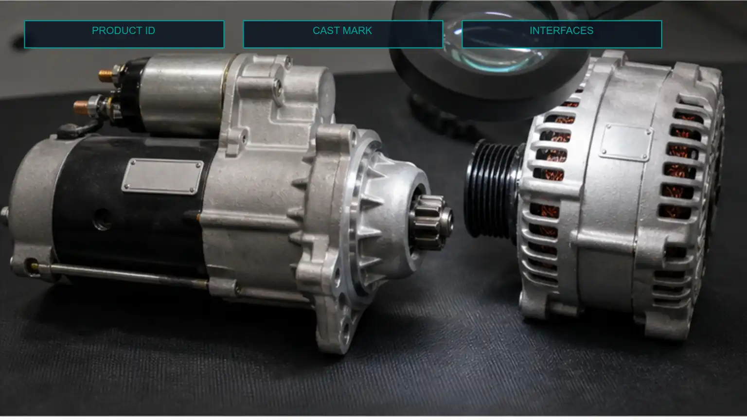 Heavy-duty starter and alternator label areas and casting marks examined under magnification.