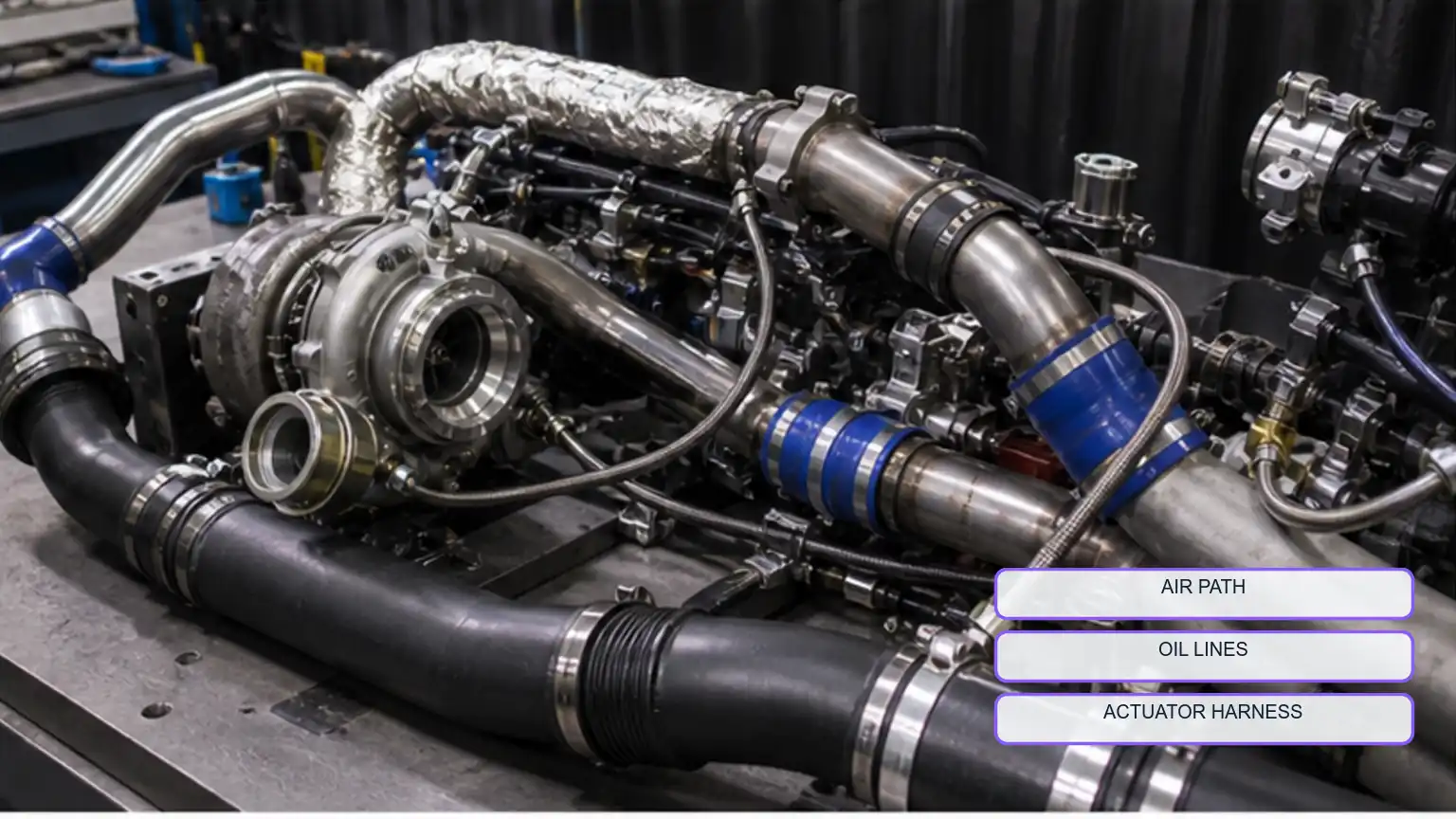 Candidate heavy-duty turbocharger staged with charge-air pipes, oil lines, clamps, and actuator wiring before installation.