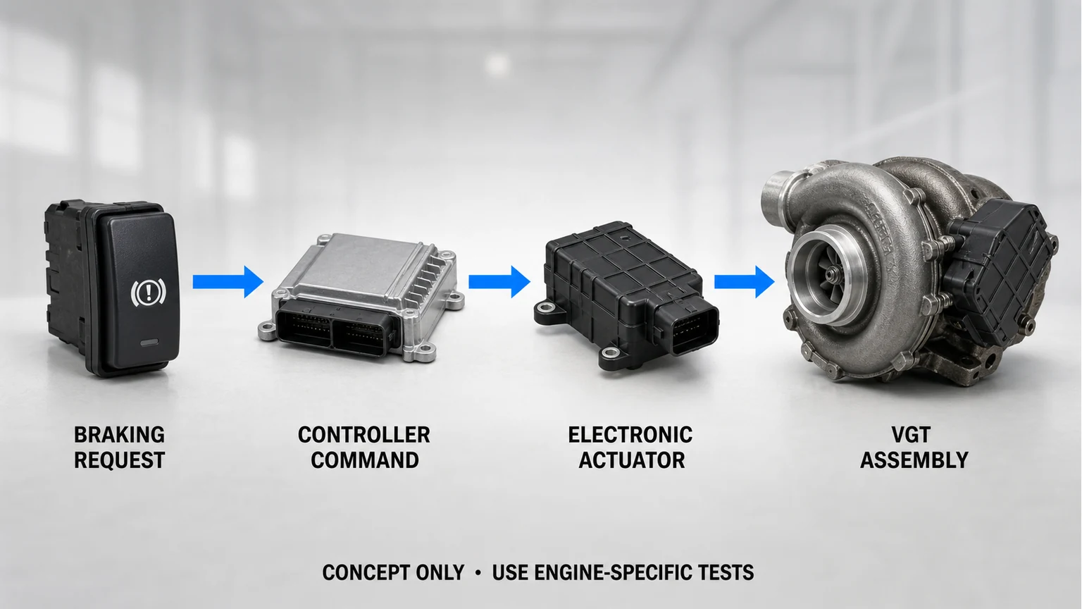 VGT exhaust-braking control chain separating driver request, controller command, actuator response and turbo mechanism