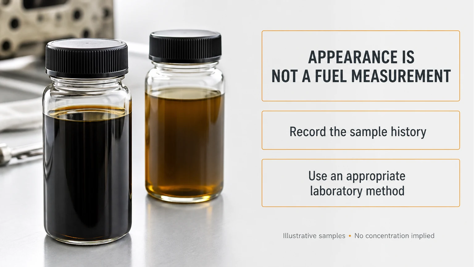 Due bottiglie chiuse per campioni di olio che illustrano perch&eacute; l'aspetto dell'olio da solo non pu&ograve; quantificare la diluizione del carburante diesel