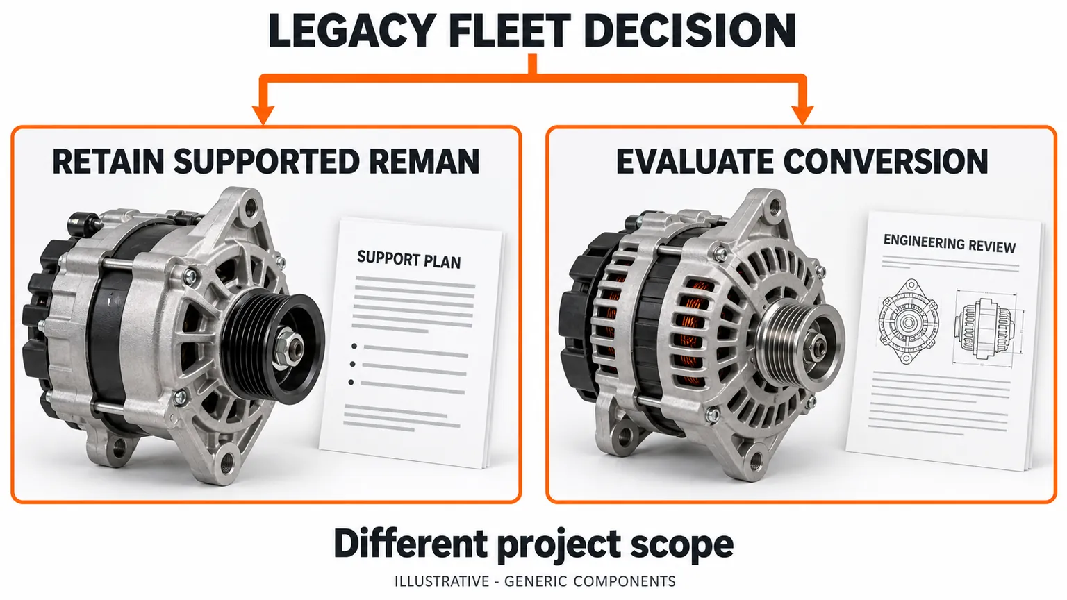 Two separate fleet renewal routes compare retaining supported remanufacture with evaluating an engineered conversion.