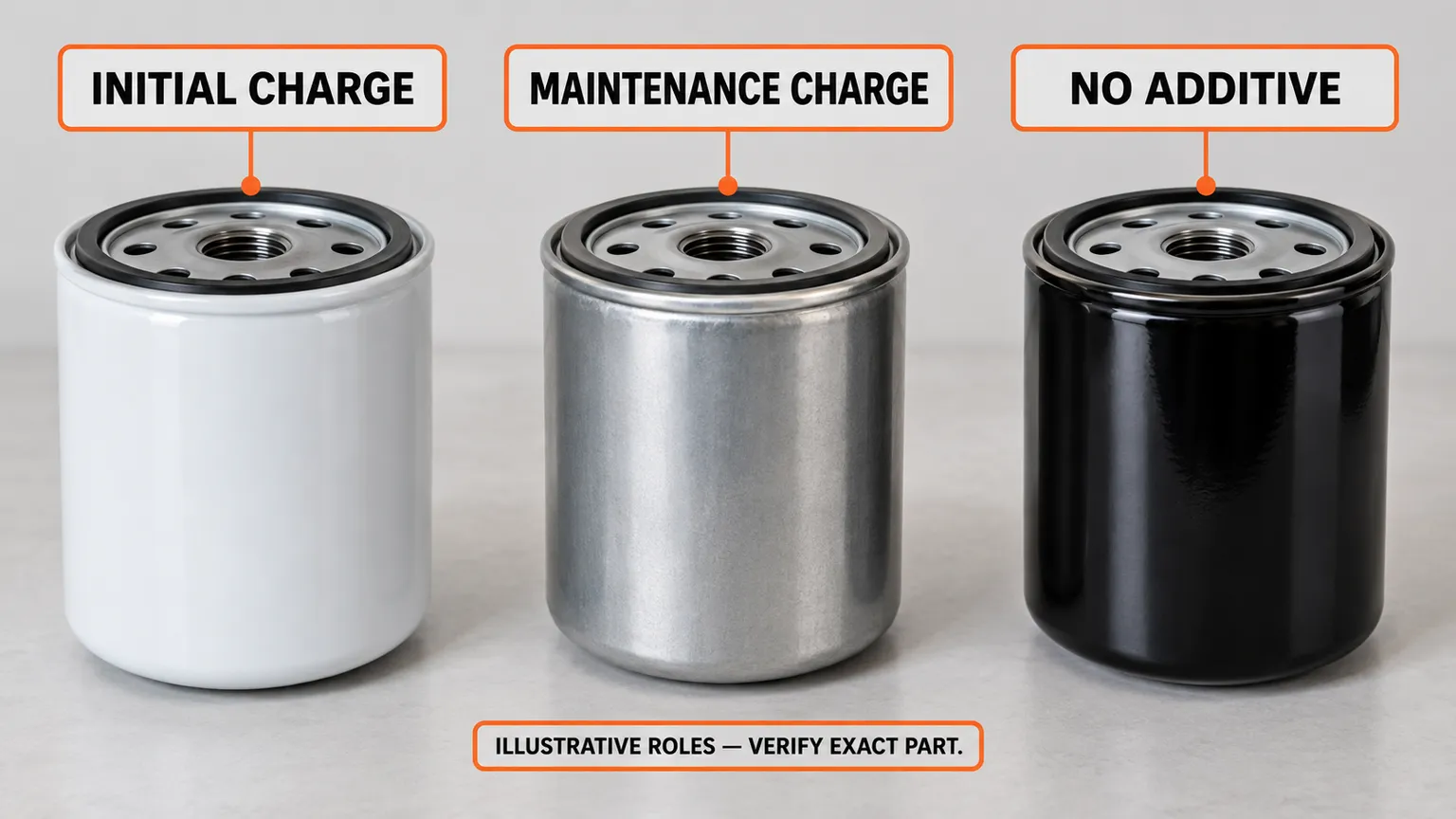 Illustrative coolant-filter roles: initial chemical charge, maintenance charge and no additive charge.
