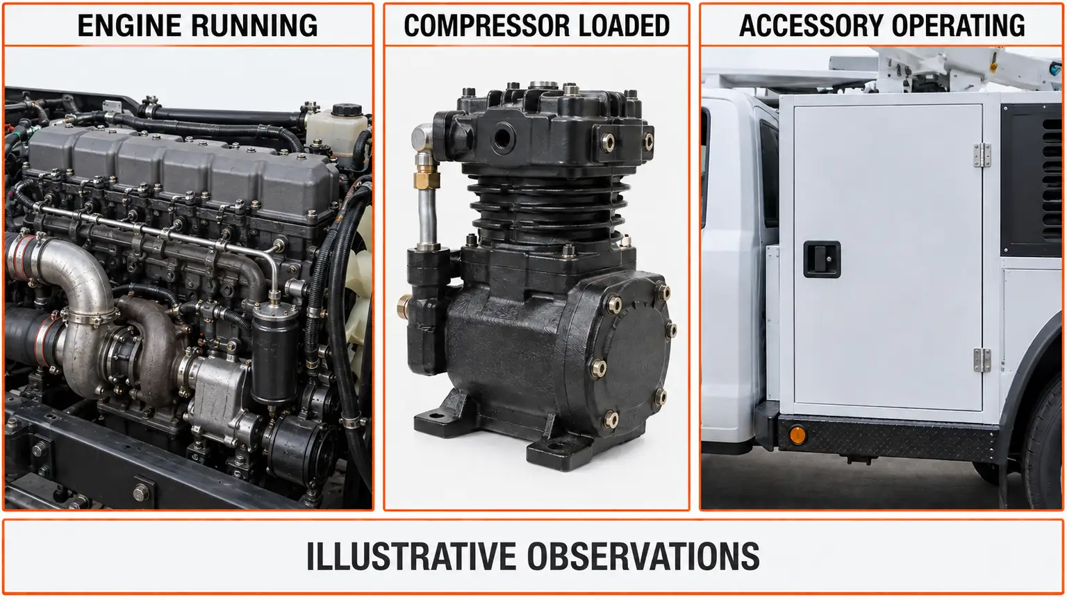 Illustrative categories separating engine-running time, compressor loaded operation and accessory operating time.