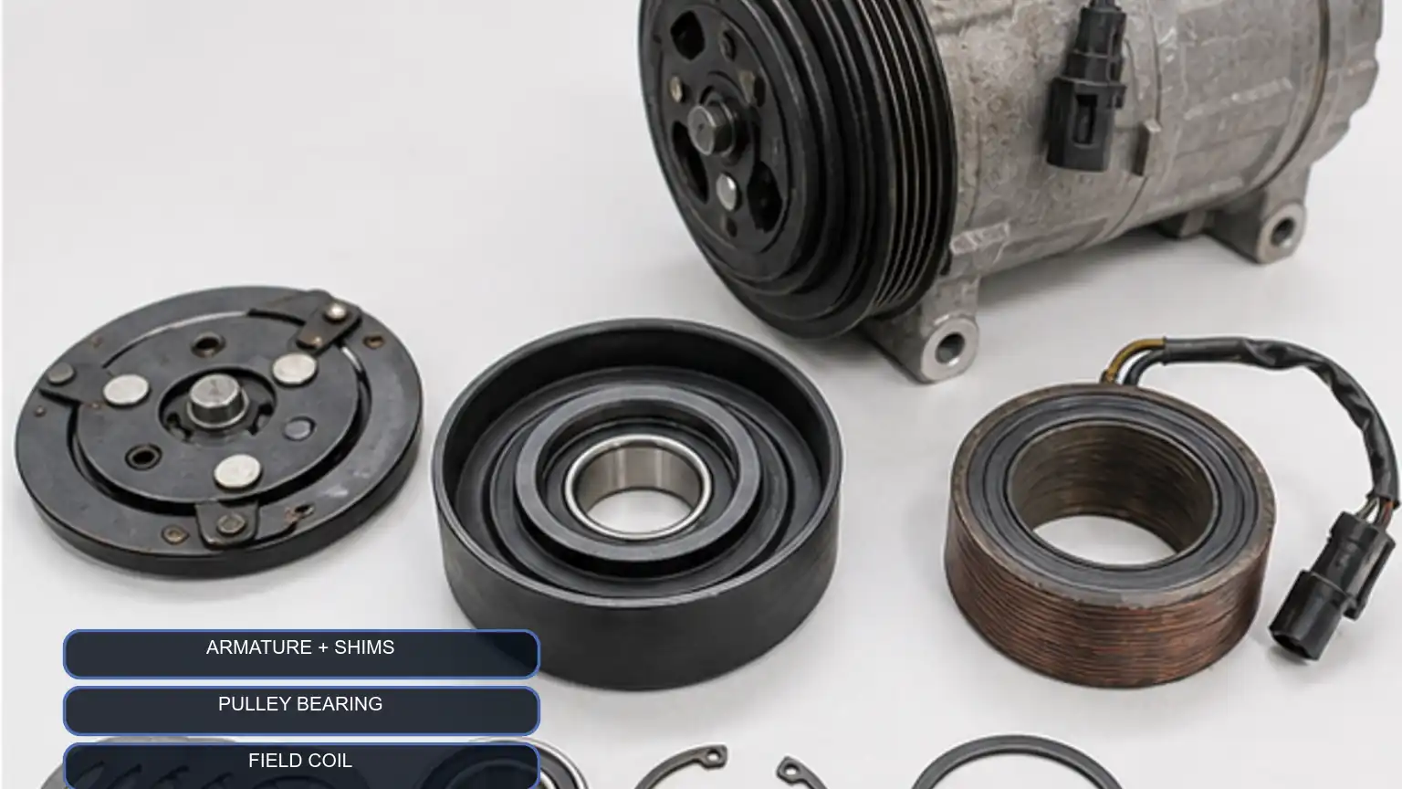 A/C compressor clutch plate, shims, pulley-bearing assembly, retaining rings, and field coil arranged beside the compressor.
