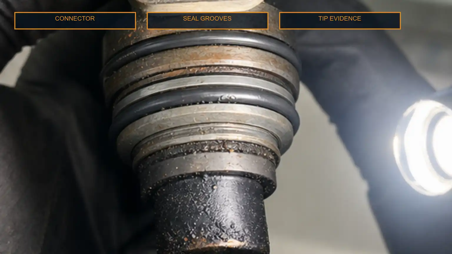 Macro inspection of a HEUI-style injector electrical connector, upper seal grooves, and tip condition under controlled lighting.