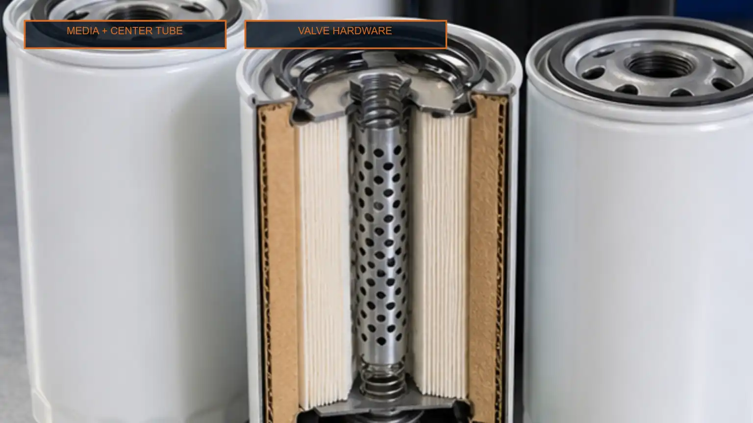 Sectioned spin-on heavy-duty filter showing pleated media, center tube, spring, sealing elements, and valve hardware.