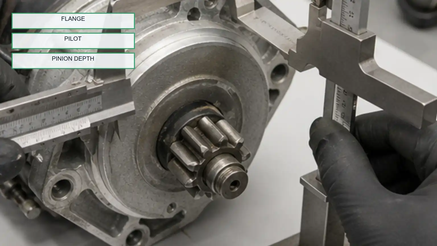 Heavy-duty starter mounting flange, pilot, and pinion position measured with calipers and a depth gauge.