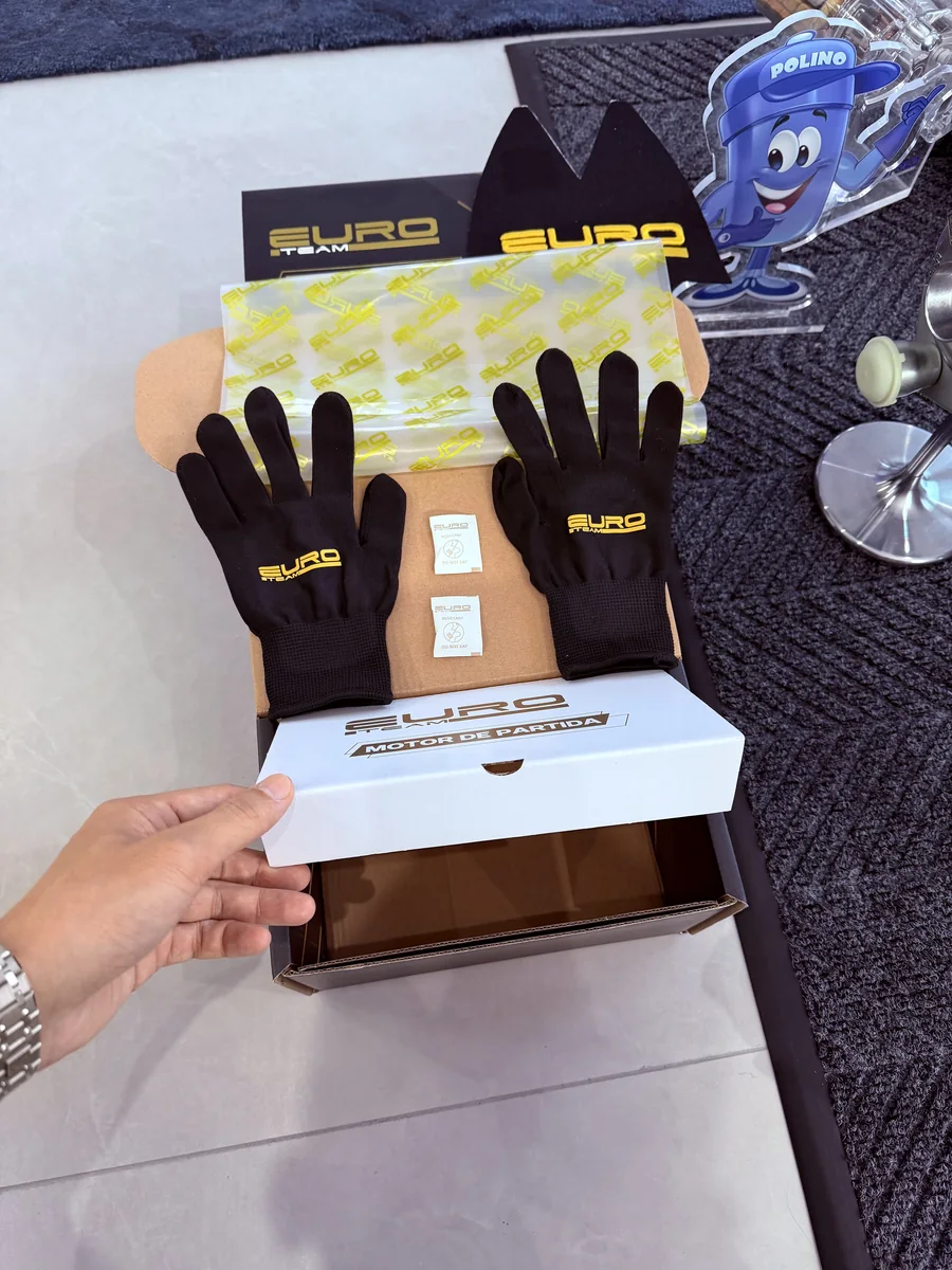Brand support example with printed packaging, branded gloves and promotional material