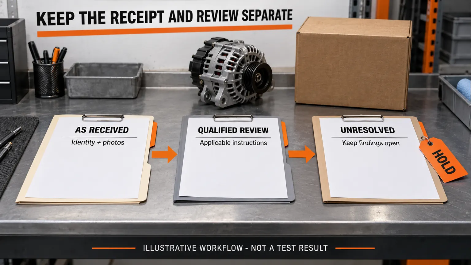 Blank receiving and qualified-review folders leading to an unresolved-finding hold record.