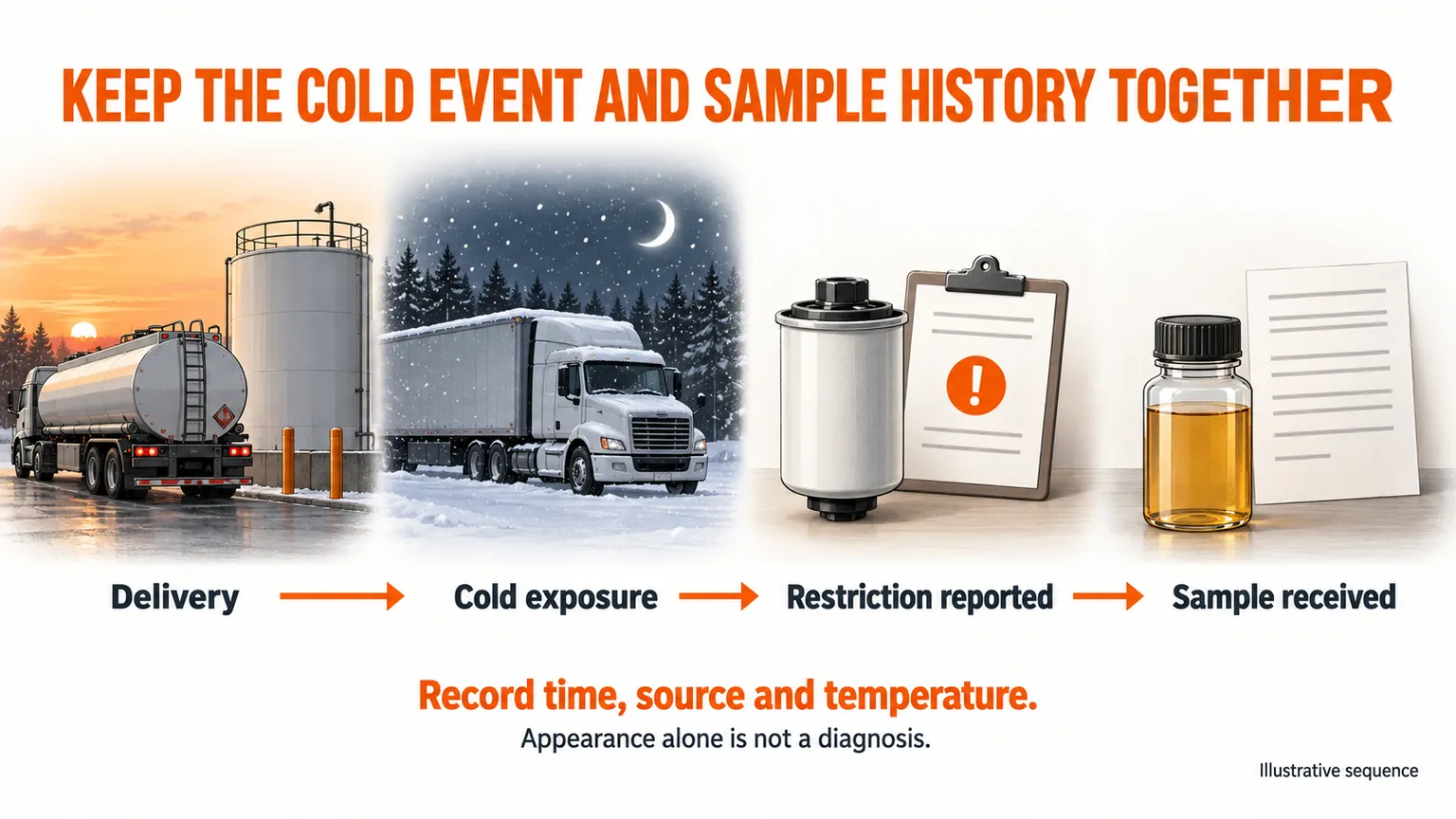 Illustrative timeline connecting fuel delivery, cold exposure, restriction report and sample receipt.