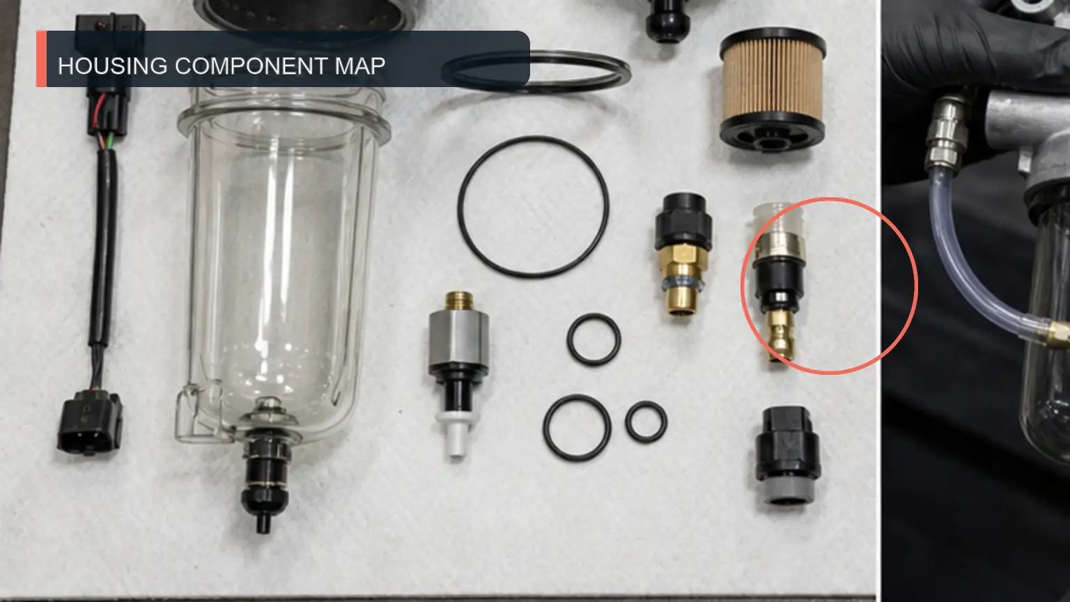 Fuel filter housing system layout with the principal test points identified on a heavy-duty diesel application