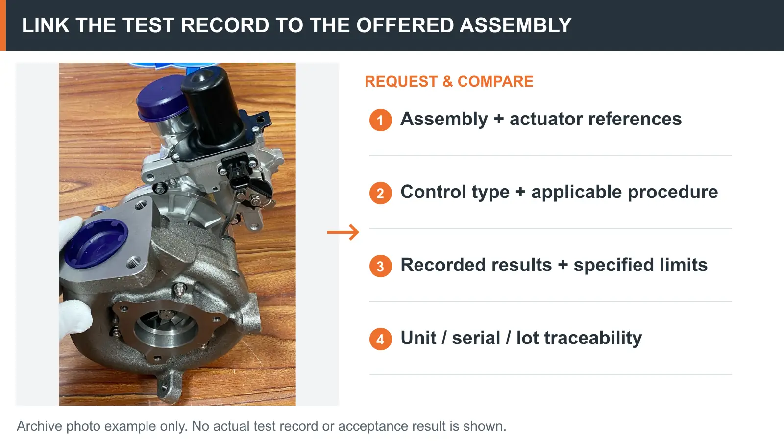Archive turbocharger assembly beside fields buyers should match to a test record: references, control and procedure, results and limits, and unit or lot traceability.