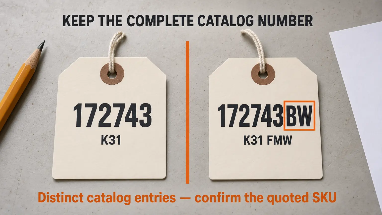 Illustrative tags distinguish catalog entries 172743 K31 and 172743BW K31 FMW with the suffix highlighted in orange.