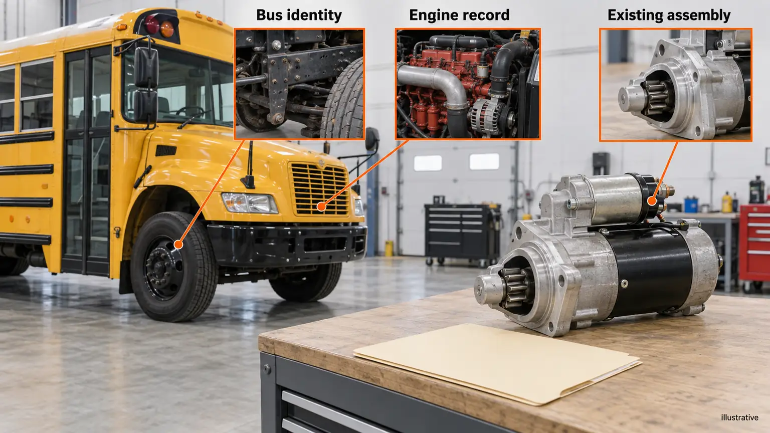 Illustrative school-bus workshop links chassis identity, engine record and a generic removed starter to one application file.