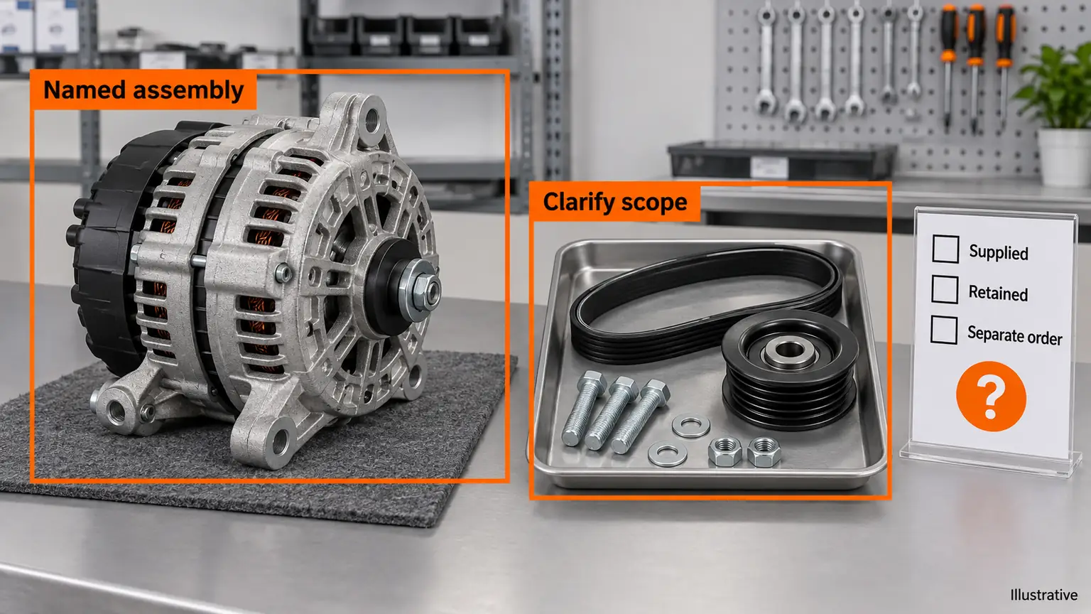 Illustrative workbench separates a replacement alternator from possible ancillary items while a quotation leaves their inclusion to confirmation.