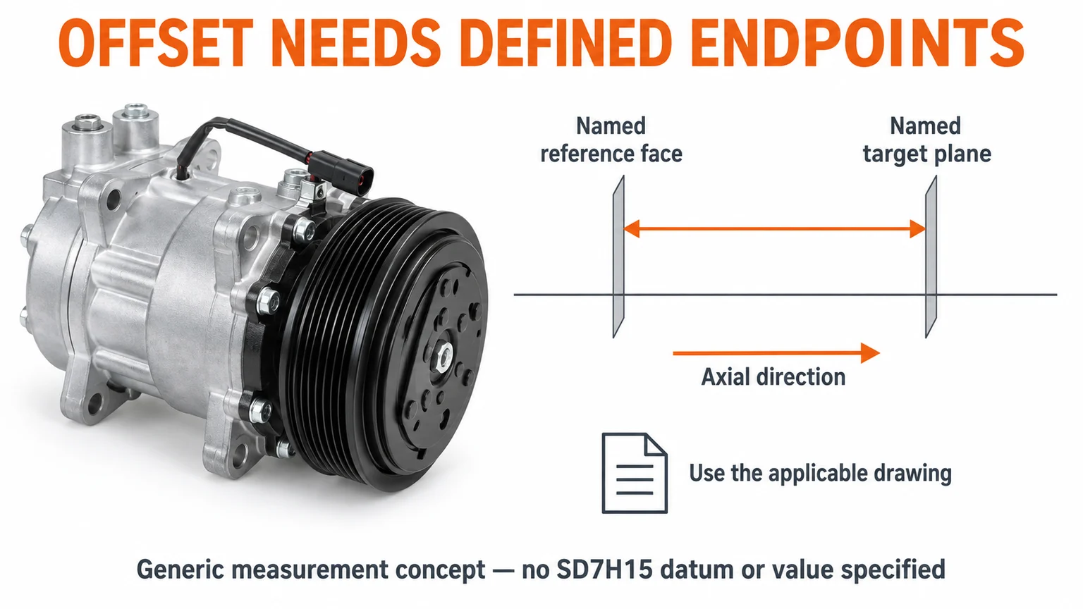 An abstract axial measurement separates its named reference face, target plane and direction from the illustrative compressor.